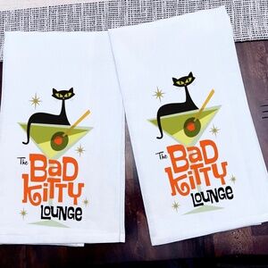 Kitchen Towels Atomic Cat Mid Century Modern Ink on 100% Cotton 28x28 Set of 2